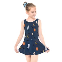 Halloween Ghost Pumpkin Bat Skull Kids  Skater Dress Swimsuit by artworkshop