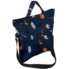 Halloween Ghost Pumpkin Bat Skull Fold Over Handle Tote Bag by artworkshop