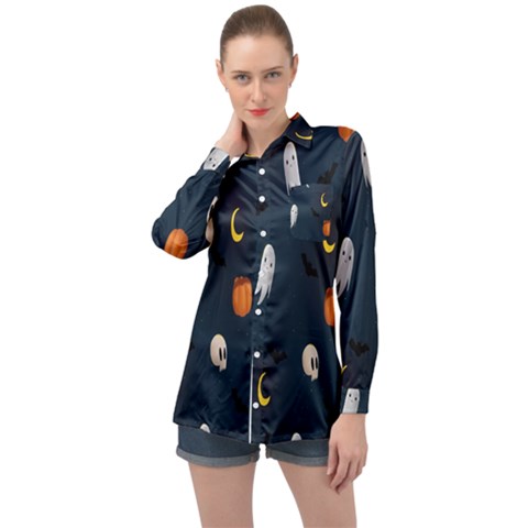 Halloween Ghost Pumpkin Bat Skull Long Sleeve Satin Shirt by artworkshop