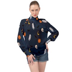 Halloween Ghost Pumpkin Bat Skull High Neck Long Sleeve Chiffon Top by artworkshop