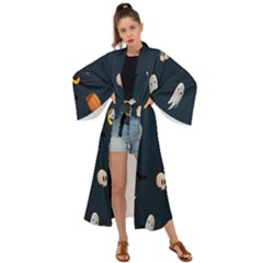 Halloween Ghost Pumpkin Bat Skull Maxi Kimono by artworkshop