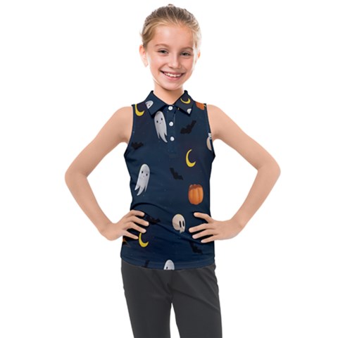 Halloween Ghost Pumpkin Bat Skull Kids  Sleeveless Polo Tee by artworkshop