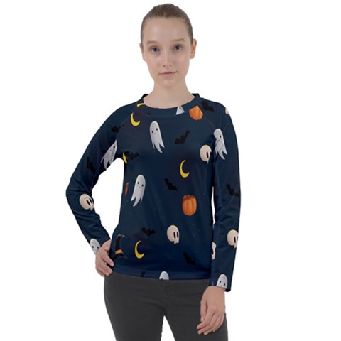 Halloween Ghost Pumpkin Bat Skull Women s Long Sleeve Raglan Tee by artworkshop