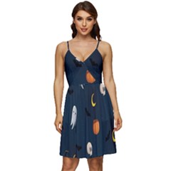 Halloween Ghost Pumpkin Bat Skull V-neck Pocket Summer Dress 