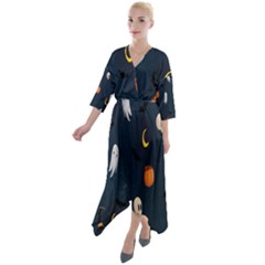 Halloween Ghost Pumpkin Bat Skull Quarter Sleeve Wrap Front Maxi Dress by artworkshop