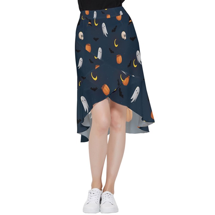 Halloween Ghost Pumpkin Bat Skull Frill Hi Low Chiffon Skirt