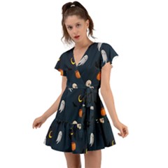 Halloween Ghost Pumpkin Bat Skull Flutter Sleeve Wrap Dress