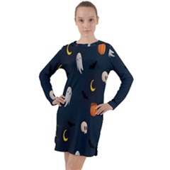 Halloween Ghost Pumpkin Bat Skull Long Sleeve Hoodie Dress by artworkshop