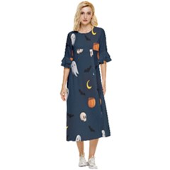 Halloween Ghost Pumpkin Bat Skull Double Cuff Midi Dress by artworkshop