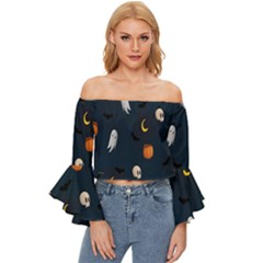 Halloween Ghost Pumpkin Bat Skull Off Shoulder Flutter Bell Sleeve Top