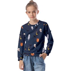 Halloween Ghost Pumpkin Bat Skull Kids  Long Sleeve Tee With Frill 