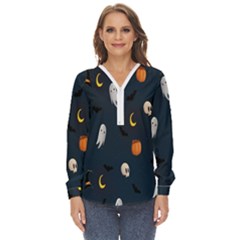 Halloween Ghost Pumpkin Bat Skull Zip Up Long Sleeve Blouse