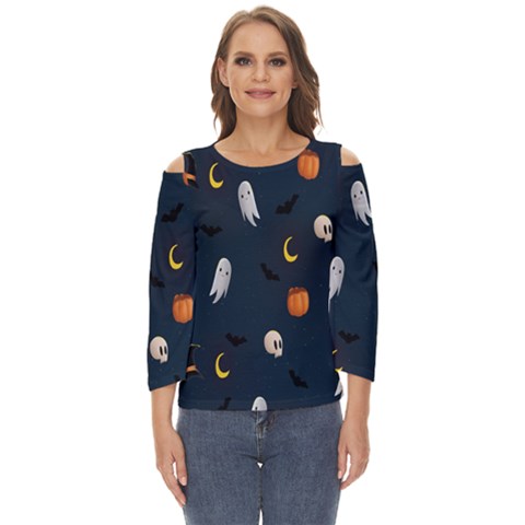 Halloween Ghost Pumpkin Bat Skull Cut Out Wide Sleeve Top by artworkshop