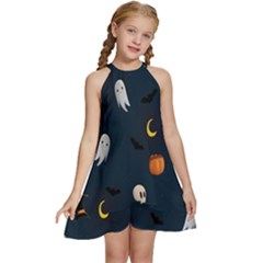 Halloween Ghost Pumpkin Bat Skull Kids  Halter Collar Waist Tie Chiffon Dress