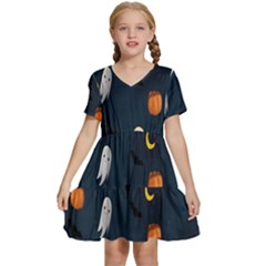 Halloween Ghost Pumpkin Bat Skull Kids  Short Sleeve Tiered Mini Dress