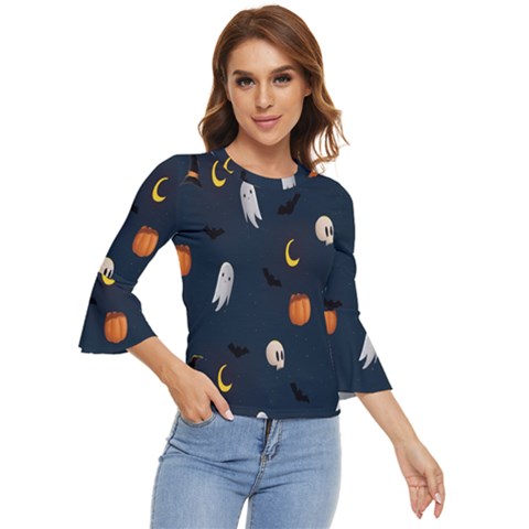 Halloween Ghost Pumpkin Bat Skull Bell Sleeve Top by artworkshop