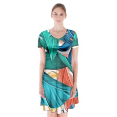 Leaves Tropical Exotic Short Sleeve V-neck Flare Dress by artworkshop