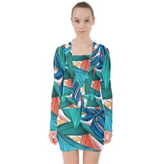 Leaves Tropical Exotic V-neck Bodycon Long Sleeve Dress by artworkshop