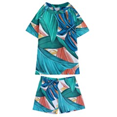 Leaves Tropical Exotic Kids  Swim Tee And Shorts Set by artworkshop