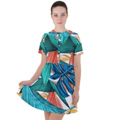 Leaves Tropical Exotic Short Sleeve Shoulder Cut Out Dress  by artworkshop