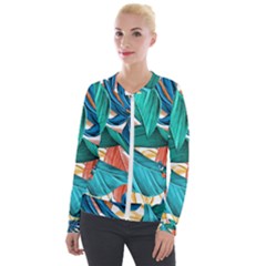 Leaves Tropical Exotic Velvet Zip Up Jacket by artworkshop