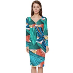 Leaves Tropical Exotic Long Sleeve V-neck Bodycon Dress 