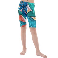 Leaves Tropical Exotic Kids  Mid Length Swim Shorts by artworkshop