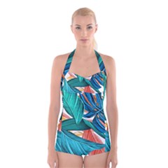 Leaves Tropical Exotic Boyleg Halter Swimsuit  by artworkshop