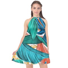 Leaves Tropical Exotic Halter Neckline Chiffon Dress  by artworkshop