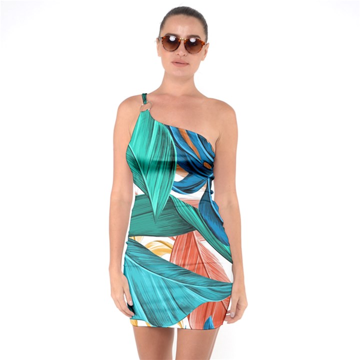 Leaves Tropical Exotic One Soulder Bodycon Dress