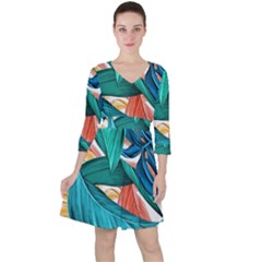 Leaves Tropical Exotic Quarter Sleeve Ruffle Waist Dress by artworkshop