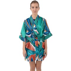 Leaves Tropical Exotic Half Sleeve Satin Kimono  by artworkshop