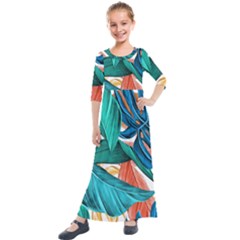 Leaves Tropical Exotic Kids  Quarter Sleeve Maxi Dress by artworkshop