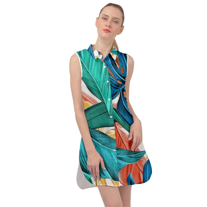 Leaves Tropical Exotic Sleeveless Shirt Dress