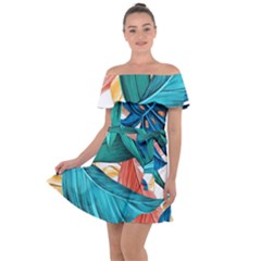 Leaves Tropical Exotic Off Shoulder Velour Dress by artworkshop