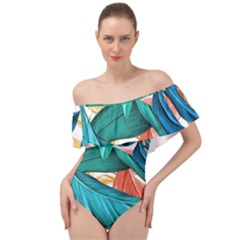 Leaves Tropical Exotic Off Shoulder Velour Bodysuit  by artworkshop