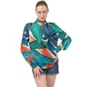 Leaves Tropical Exotic High Neck Long Sleeve Chiffon Top View1