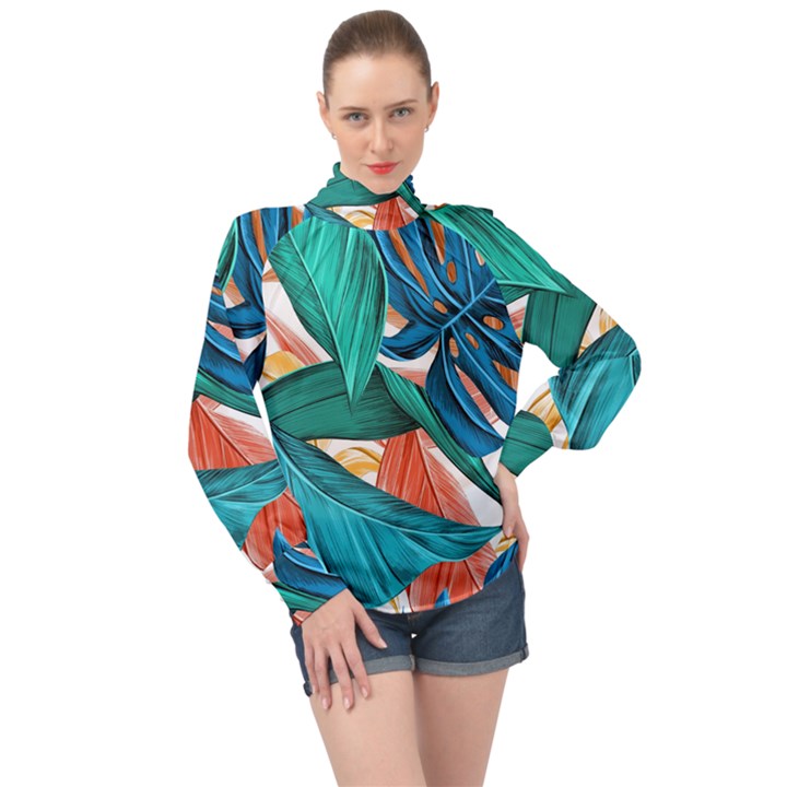 Leaves Tropical Exotic High Neck Long Sleeve Chiffon Top