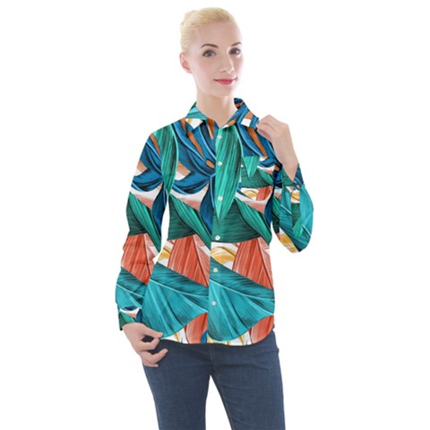 Leaves Tropical Exotic Women s Long Sleeve Pocket Shirt by artworkshop