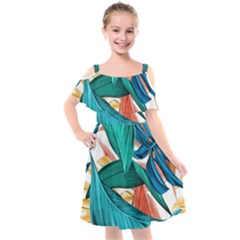 Leaves Tropical Exotic Kids  Cut Out Shoulders Chiffon Dress by artworkshop