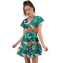 Leaves Tropical Exotic Flutter Sleeve Wrap Dress by artworkshop