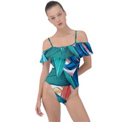 Leaves Tropical Exotic Frill Detail One Piece Swimsuit by artworkshop