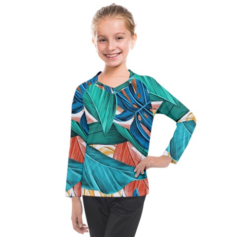 Leaves Tropical Exotic Kids  Long Mesh Tee by artworkshop