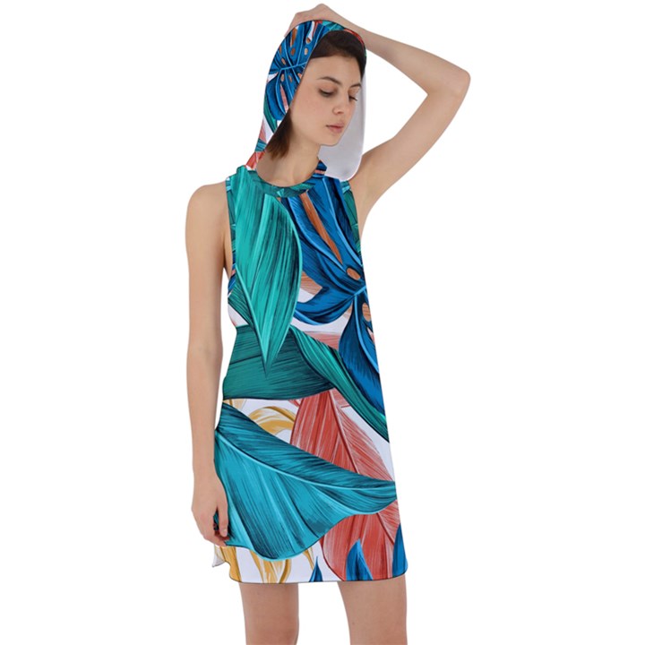 Leaves Tropical Exotic Racer Back Hoodie Dress