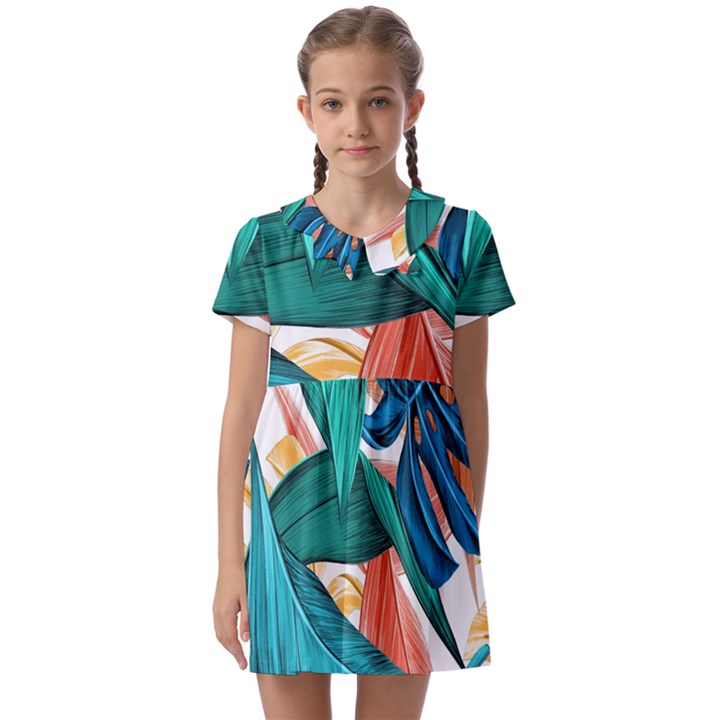 Leaves Tropical Exotic Kids  Asymmetric Collar Dress