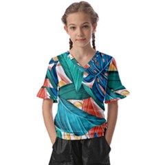 Leaves Tropical Exotic Kids  V-neck Horn Sleeve Blouse by artworkshop