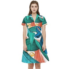 Leaves Tropical Exotic Short Sleeve Waist Detail Dress by artworkshop