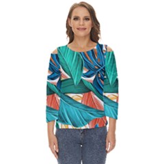 Leaves Tropical Exotic Cut Out Wide Sleeve Top