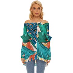 Leaves Tropical Exotic Off Shoulder Chiffon Pocket Shirt