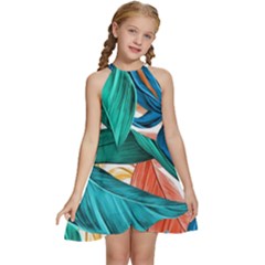 Leaves Tropical Exotic Kids  Halter Collar Waist Tie Chiffon Dress